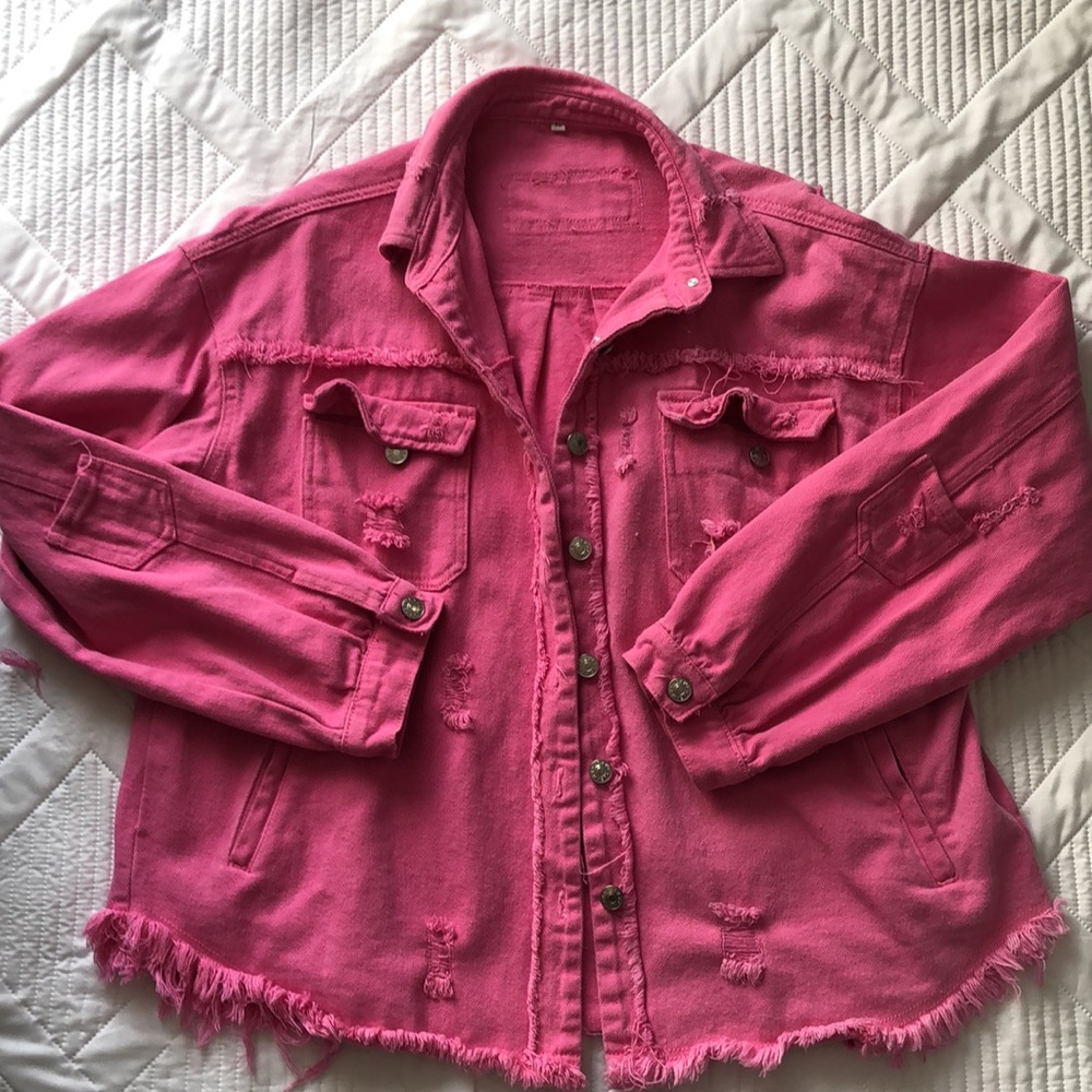 Women’s Oversize Frayed Lightweight Denim Jacket Size XL.  Bubble gum pink. - Picture 12 of 17